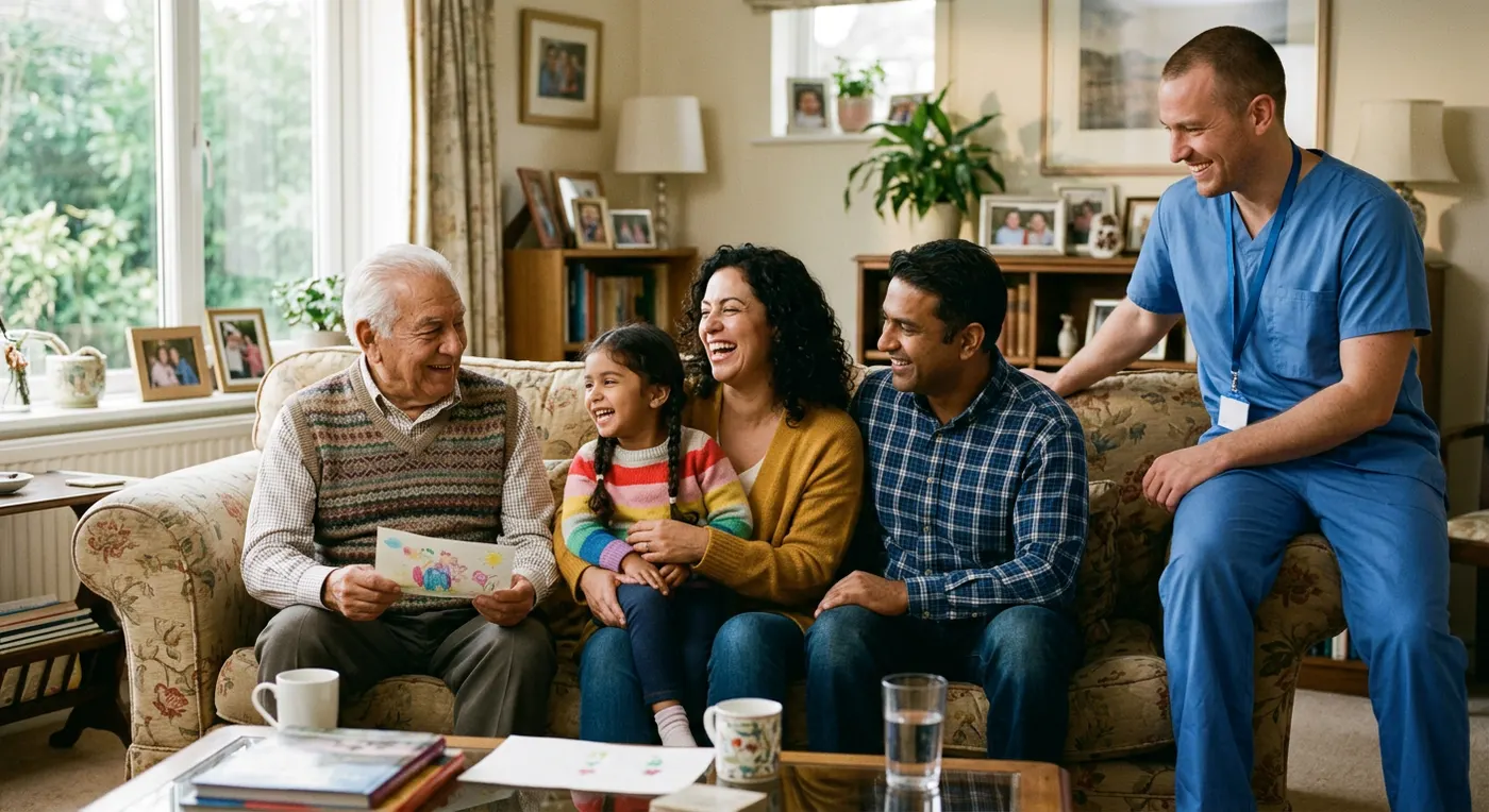 A senior man laughs on the sofa with his daughter, son-in-law, and granddaughter while a caregiver looks on smiling