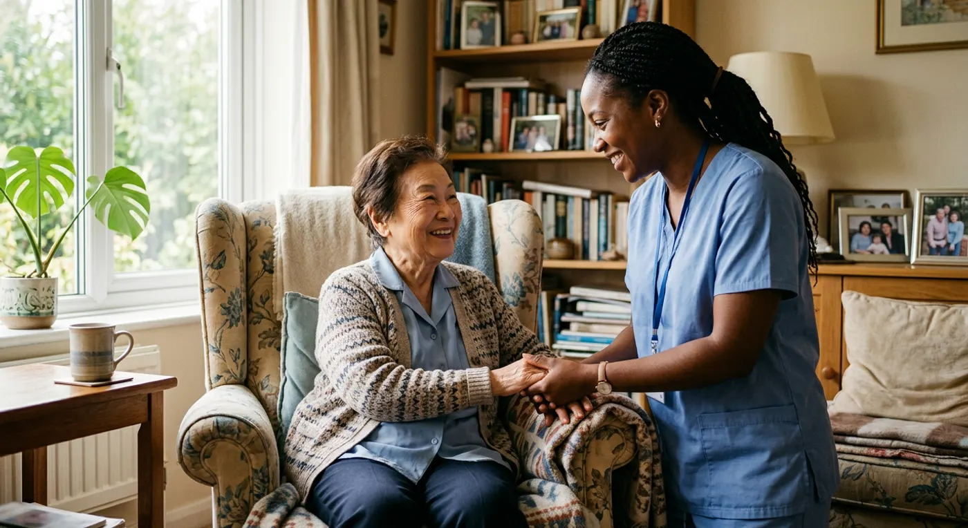 A caregiver in blue scrubs holds hands with a smiling senior woman seated in an armchair in her living room
