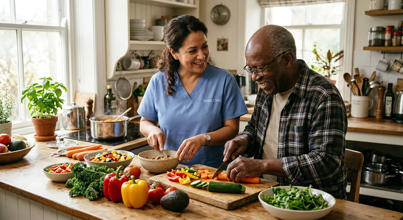 A caregiver and a senior man laugh while chopping fresh vegetables together in a bright kitchen