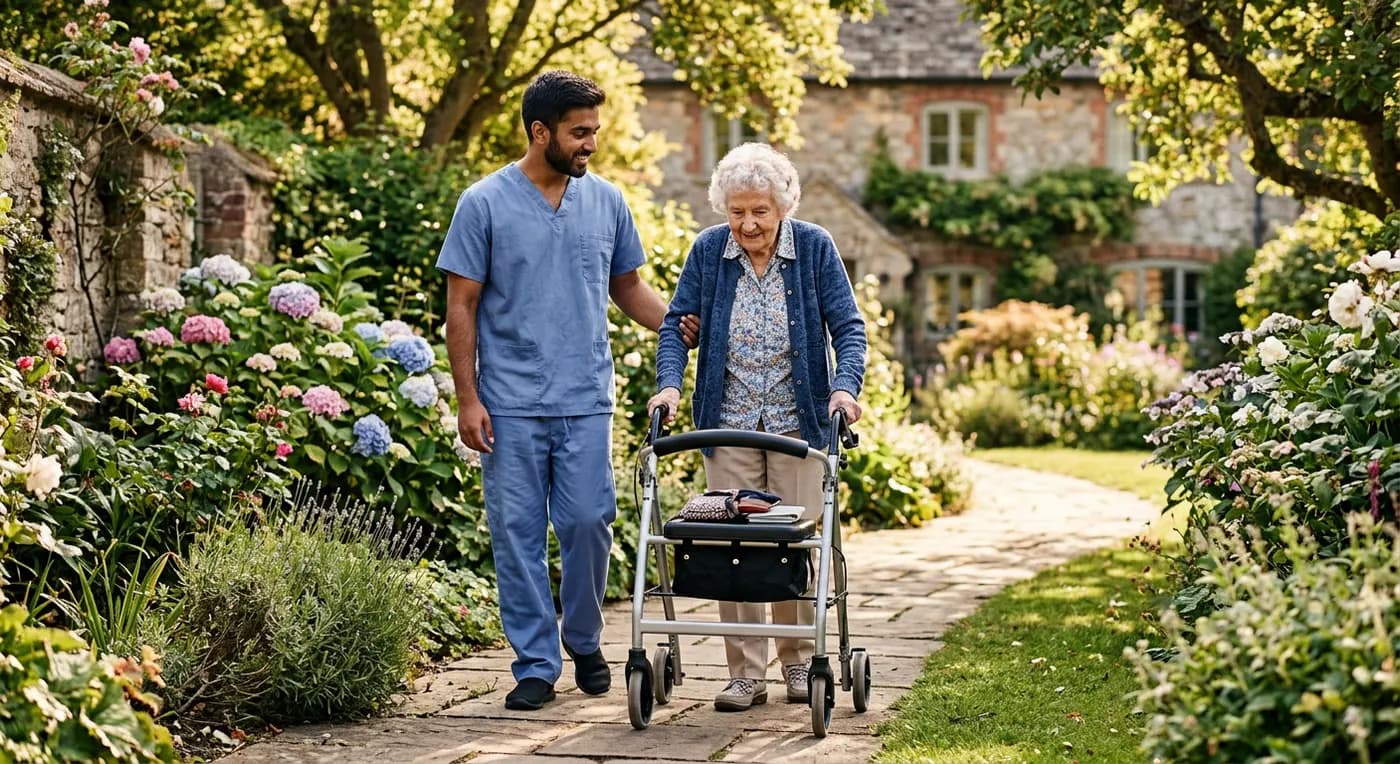 A caregiver walks beside a smiling senior woman using a walker along a sunny garden path